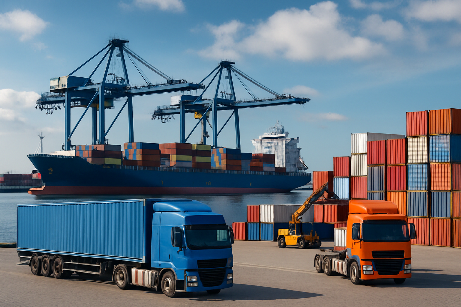 Realistic view of a busy port with trade trucks and ships